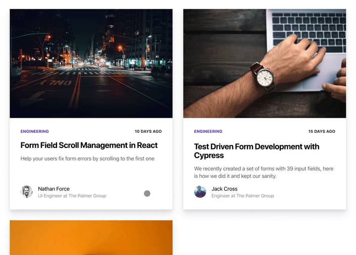 Animation of our blog summary cards transitioning to posts. Communication